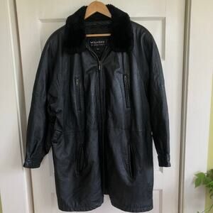 Vintage Womens Wilson Black Leather Coat Removable Faux Fur Collar XL Mid Length